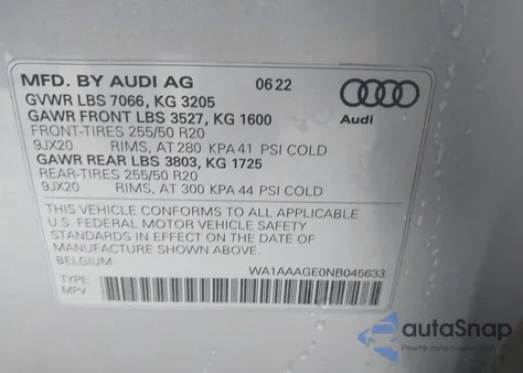 2022 Audi E-Tron Premium Quattro z USA, uszkodzony, nr VIN WA1AAAGE0NB045633